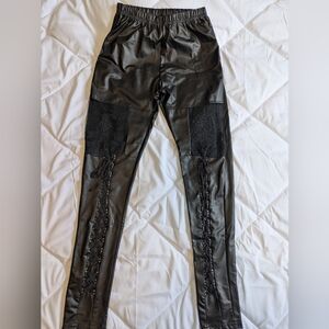 Gothic Lace Black Faux Leather Lace-Up Pants